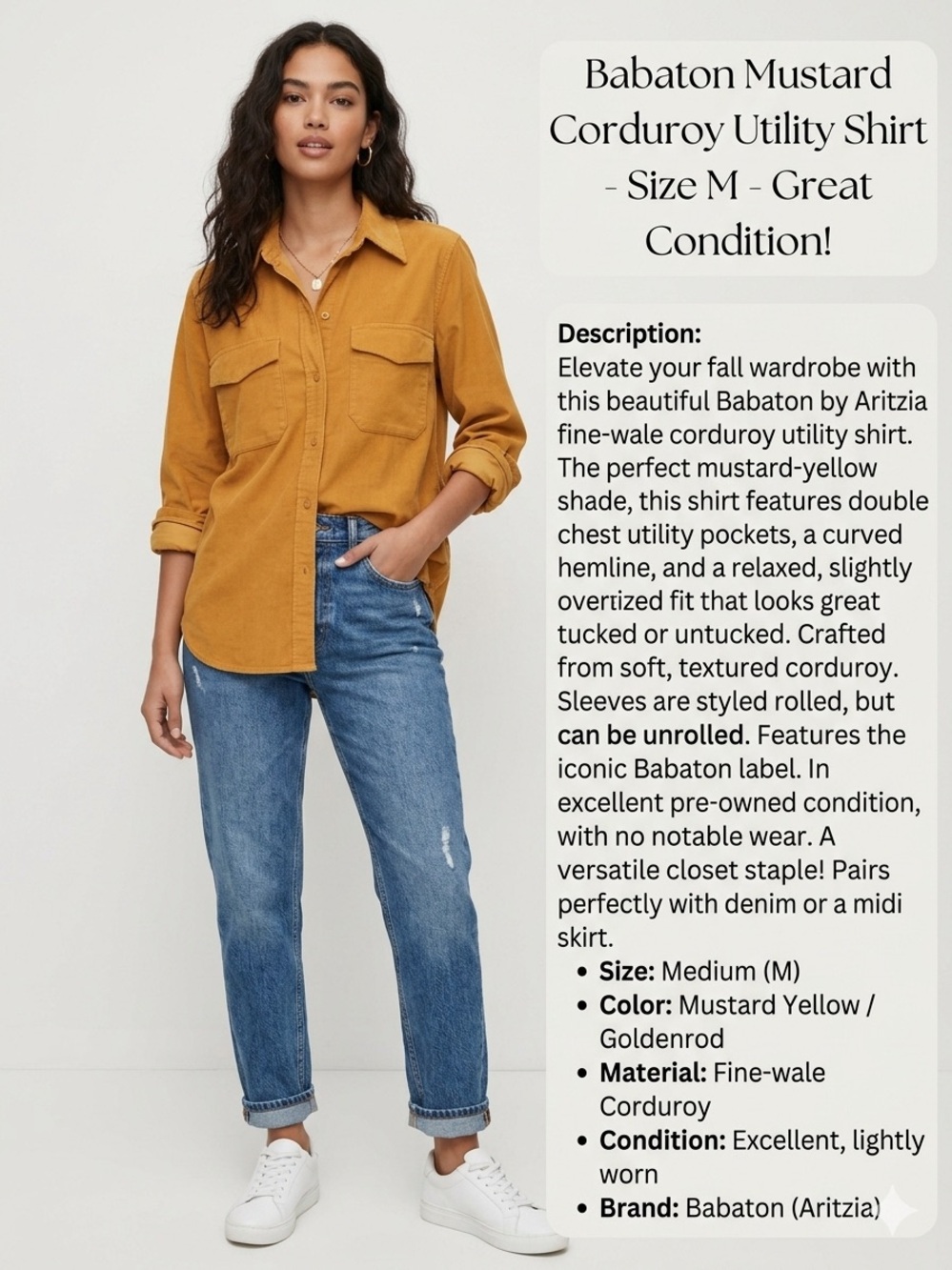 Aritzia Babaton Mustard Corduroy  Button Down Shirt